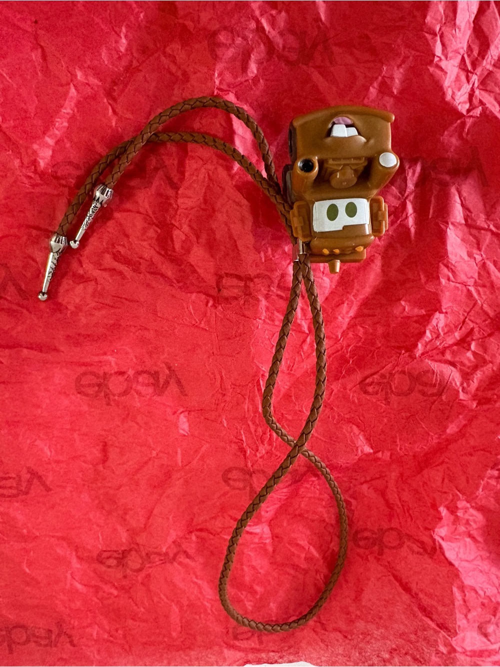 Brown Braided Leather Bolo Tie with Cartoon Truck Slide Tow Mater
